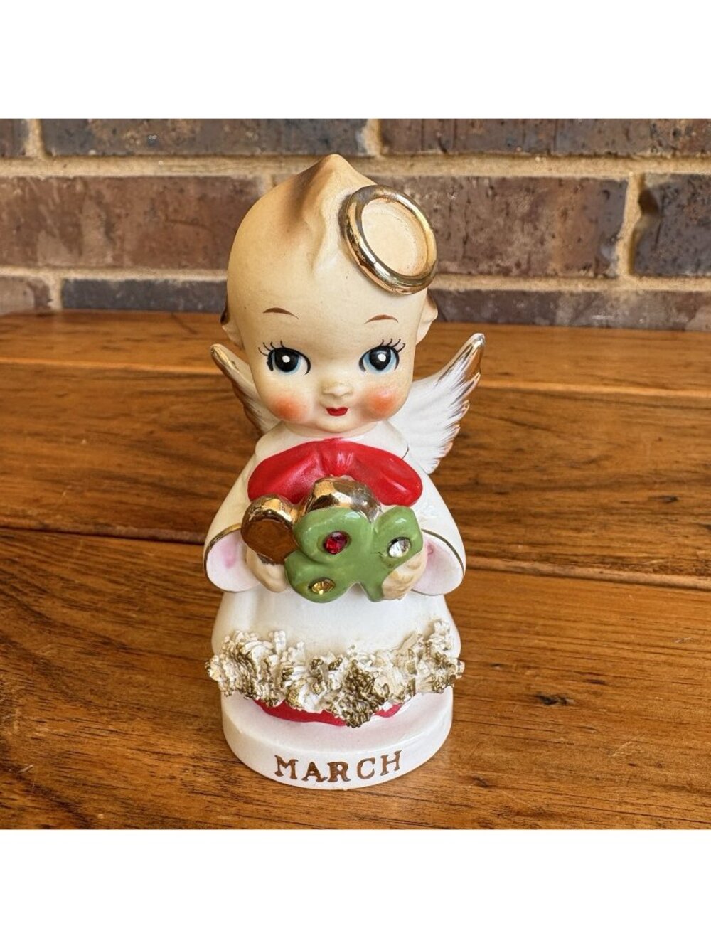 Vintage Mid-Century Ceramic Kewpie Spaghetti Trim March Birthday Angel Figurine